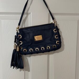 Michael Kors Navy Leather Clutch with Gold-Tone Eyelets & Tassel